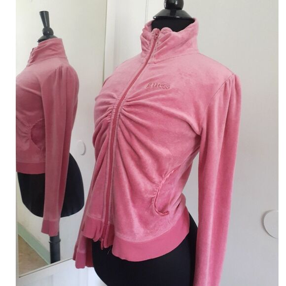 Y2K Guess Jeans Authentic FullZip Cinched Velour Preppy Girl Pink Hoodie Small - Picture 4 of 12